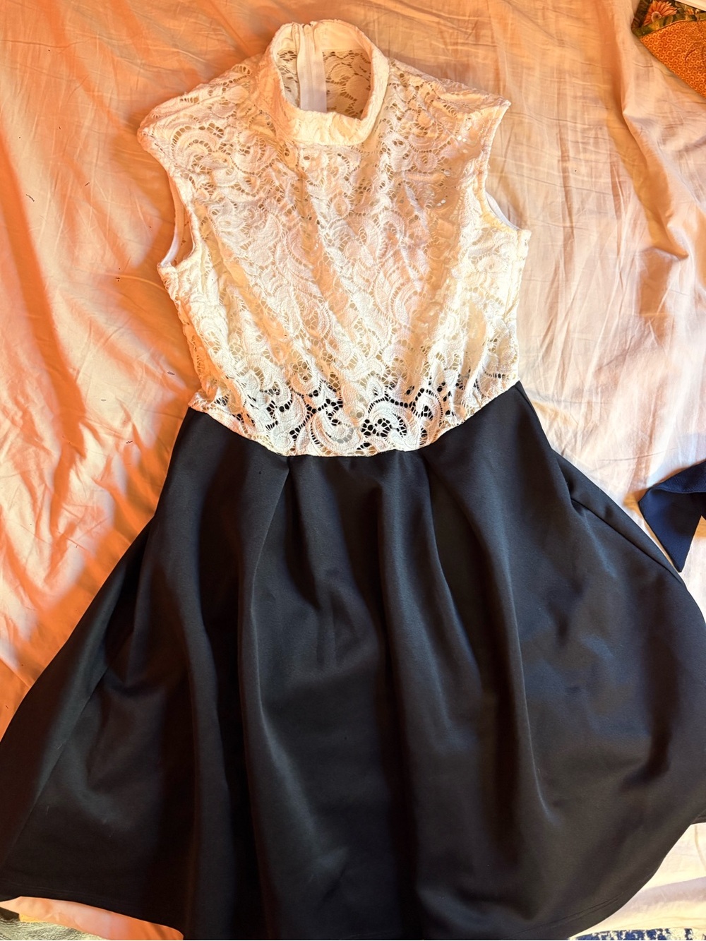 Lace Bodice Fit-and-Flare Dress in White and Black